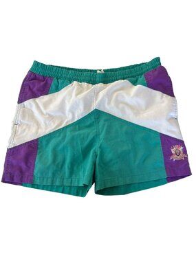 Mens Vintage Colorblock Swim Shorts Medium Purple Green Alan Flusser Sport